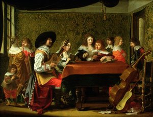 Interieur met muzikanten en zangers